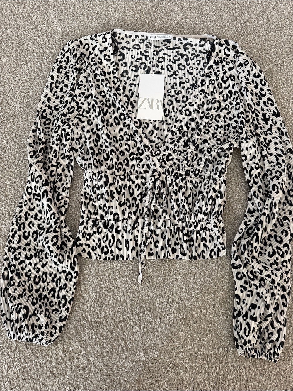 ZARA Black and White Leopard-Print Smocked Wrap Top